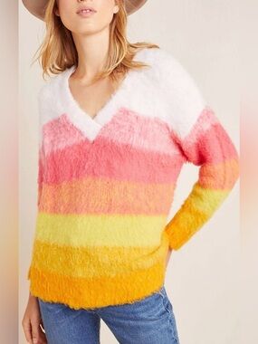 Anthropologie sweater small rainbow stripe Simone vneck pullover fuzzy plush